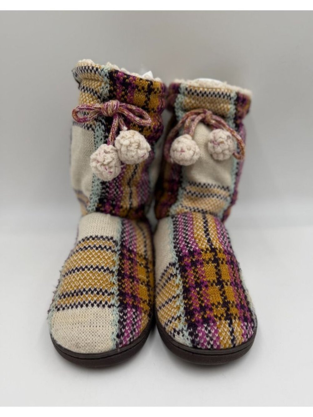 MUK LUKS Women’s XL 11-12 Plaid Bootie Slippers Cream Pink Yellow Pom Pom